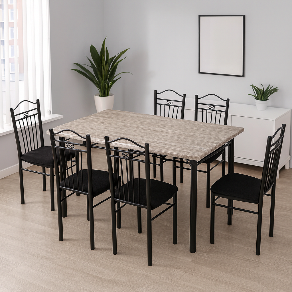 GAFIYA (DINING TABLE SET +6 CHAIRS) BLACK & LIGHT BROWN