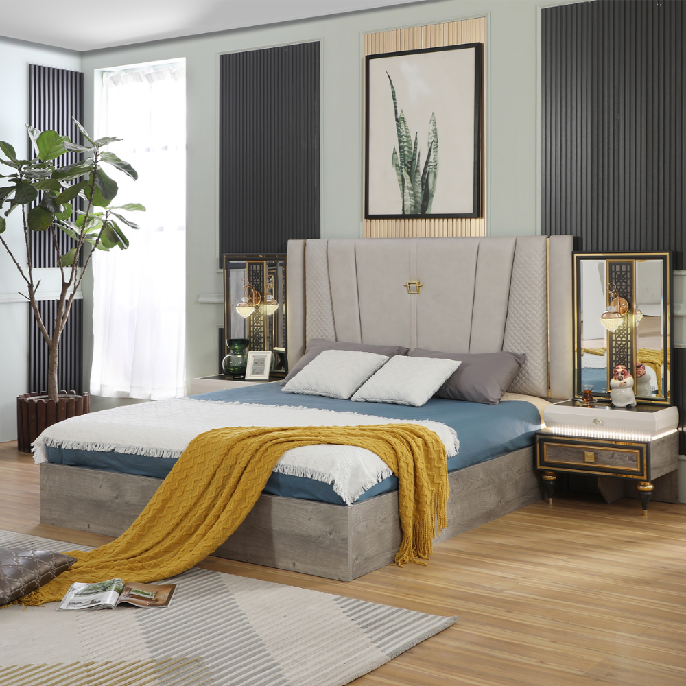 كاينز - طقم غرفة نوم مع كومدينو جانبيين، خزانة ملابس واسعة، وطاولة تزيين مع كرسي