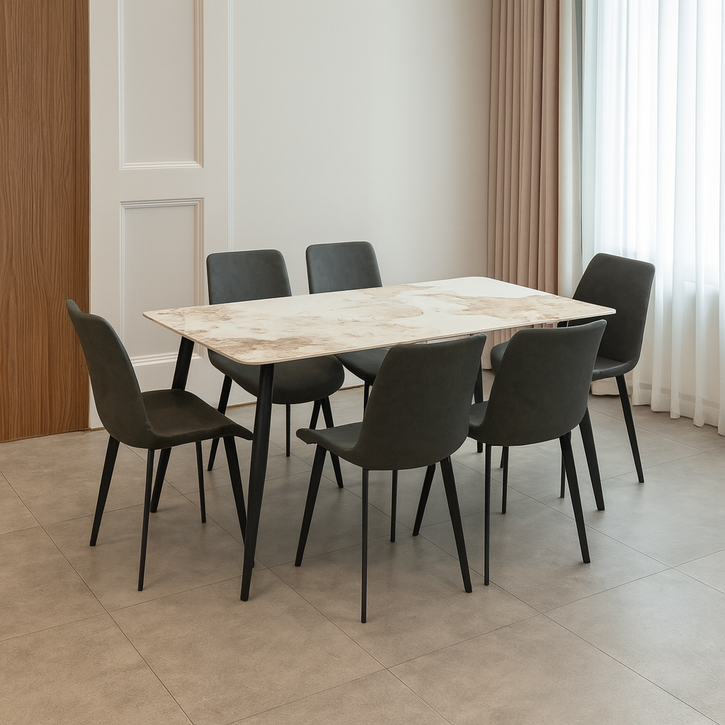 JAFIYA (DINING TABLE SET +6 CHAIRS) MARBLE & GREY