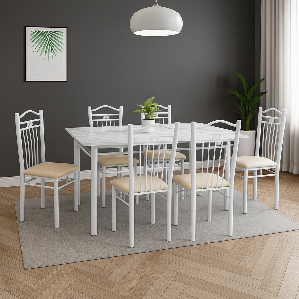 GAFIYA (DINING TABLE SET +6 CHAIRS) WHITE & WHITE