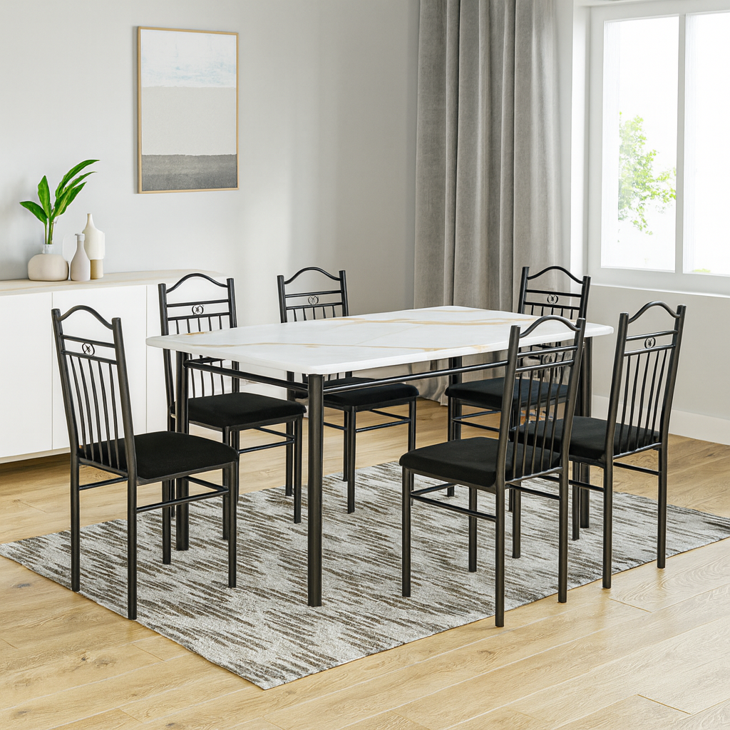 GAFIYA (DINING TABLE SET +6 CHAIRS) BLACK & LIGHT ORANGE