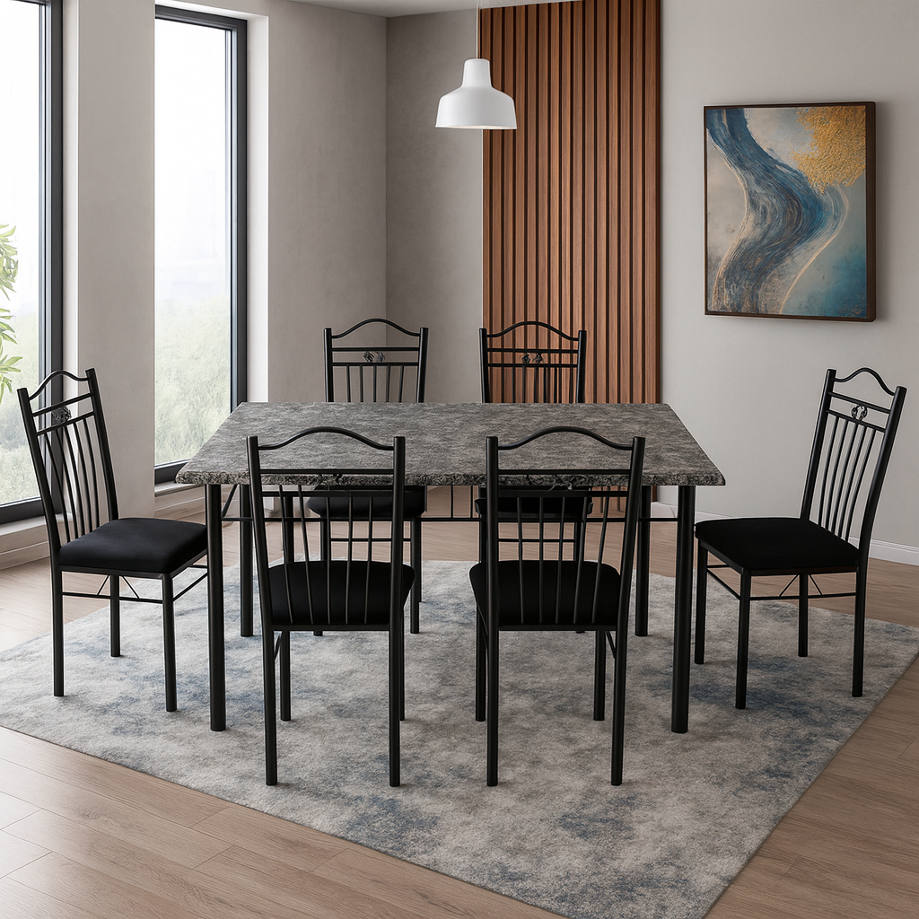 GAFIYA (DINING TABLE SET +6 CHAIRS) BLACK & MARBLE
